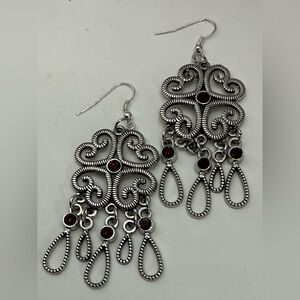 SILVER TONE OVERSIZED RED RHINESTONE CHANDELIER PIERCED EARRINGS